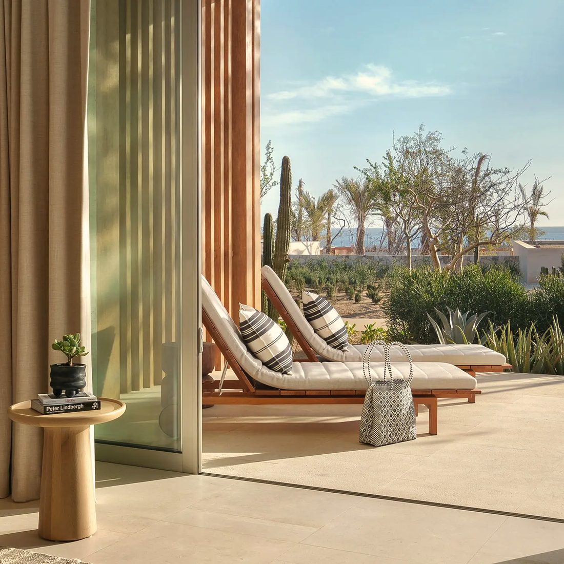 A terrace suite at Park Hyatt Cabo del Sol, patio doors open to two loungers, a cactus garden and the sea